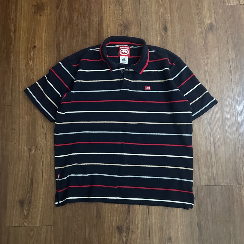 Vintage ecko untd Men's Striped Polo Shirt - Black and Red